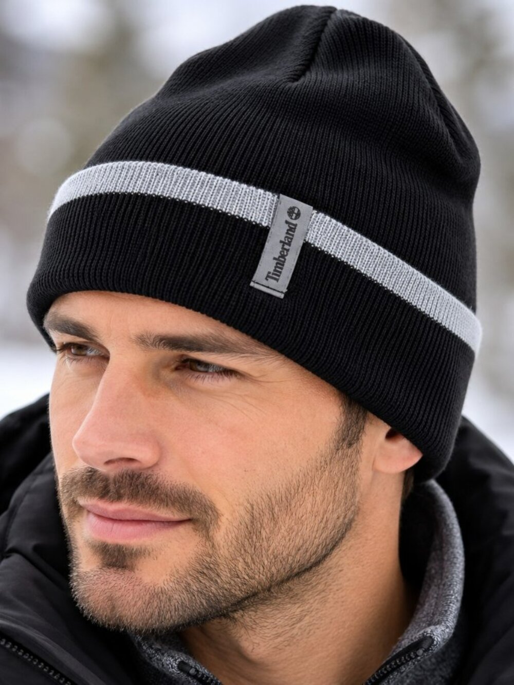 Timberland Black Gray Knit Beanie Logo Winter Hat Unisex One Size